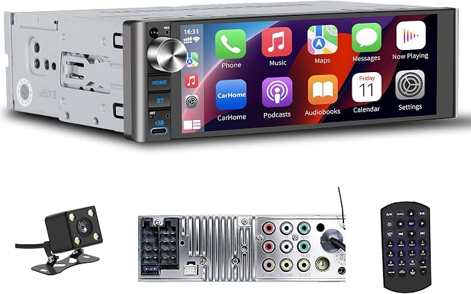 LSLYA Single Din Car Stereo with Wireless Apple CarPlay & Android Auto – 240W Output, 2 Subwoofer Ports, 4-Channel RCA, USB/Type-C, Bluetooth, SWC, Front & Backup Camera – Standard Single DIN Size