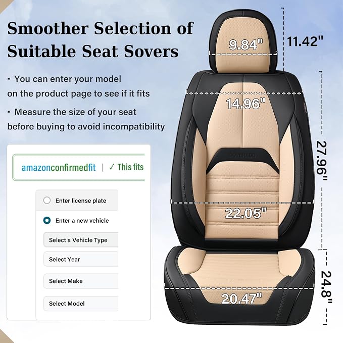Coverado Waterproof Nappa Leather Car Seat Covers, Automotive Seat Covers，Front Car Seat Cushion & Car Seat Protector, Seat Covers Universal Fit for Most Cars, SUVs,Trucks,Black&Beige