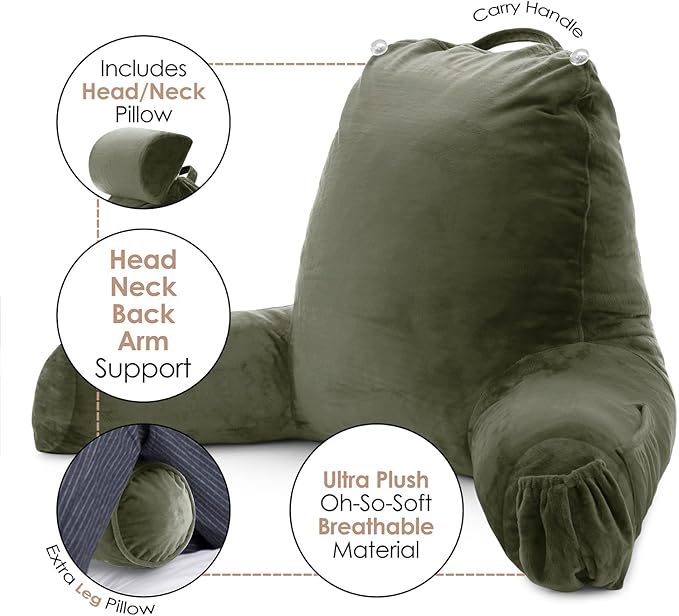 Nestl Reading Pillow with Shredded Memory Foam Includes 2 Neck and Lumber Support Pillows, Designed for Sitting Up in Bed and Couch, Back and Arms Adjustable Support for Adult & Teens, Olive Green