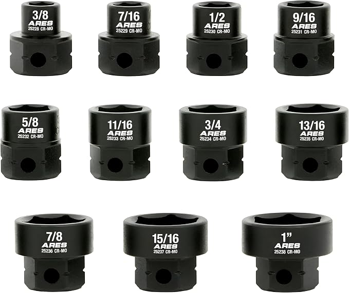 ARES 29021 – 11-Piece 1/2-Inch Drive SAE Low Profile Nano Impact Socket Set – Impact Grade Sockets Offer Greater Clearance Than Typical Shallow Sockets – Includes Aluminum Storage Rail