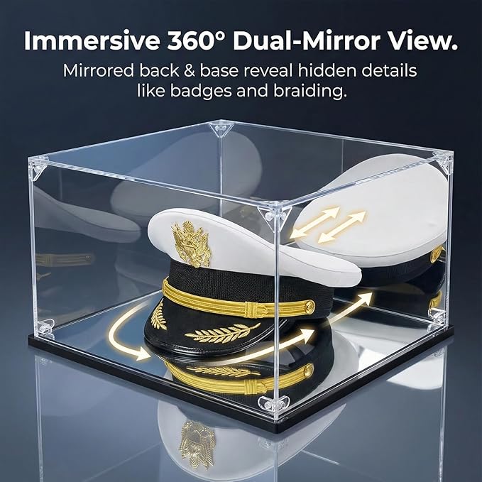 Police & Military Hat Acrylic Display Case with Mirrored Back & Base - Inner 13.8x11.8x6.8 Inch Dustproof Storage Box for Memorabilia, Sports Caps & Collectibles, Tool-Free Assembly
