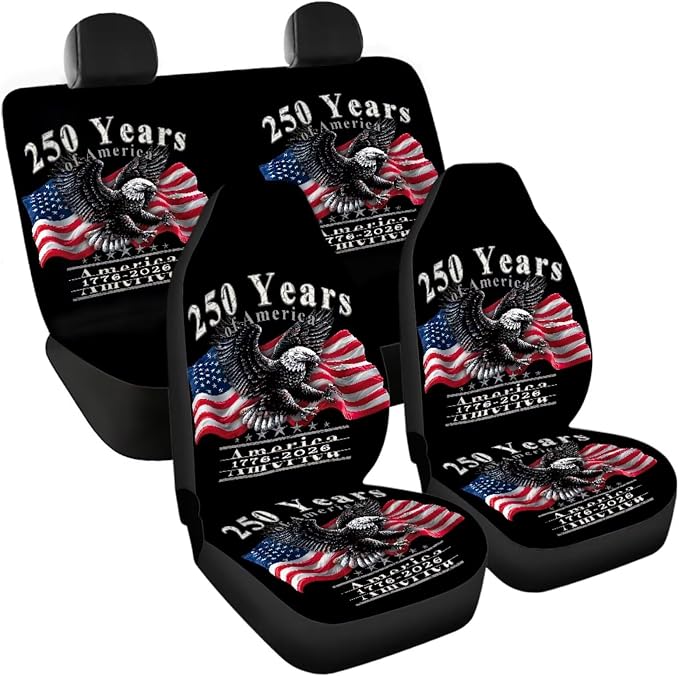 250 Years of America Eagle & Flag Car Seat Cover Set, Patriotic Auto Accessories, 11 Piece 4th of July Decorate, with Steering Wheel Cover and Seatbelt Pad Covers
