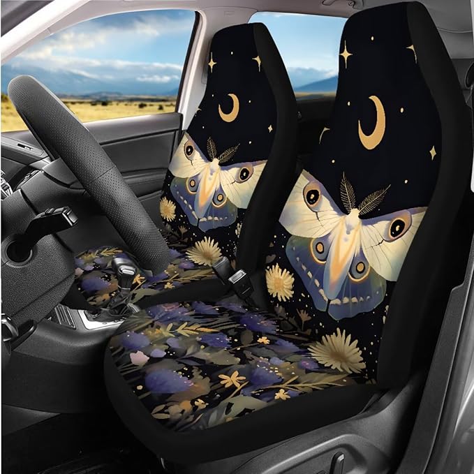 Moon Butterfly Print Car Seat Covers Full Set for Women, Auto Steering Wheel Cover Car Armrest Pad Protectors Auto Seat Belt Pads, Automotive Interior Accessories - 8 Pack