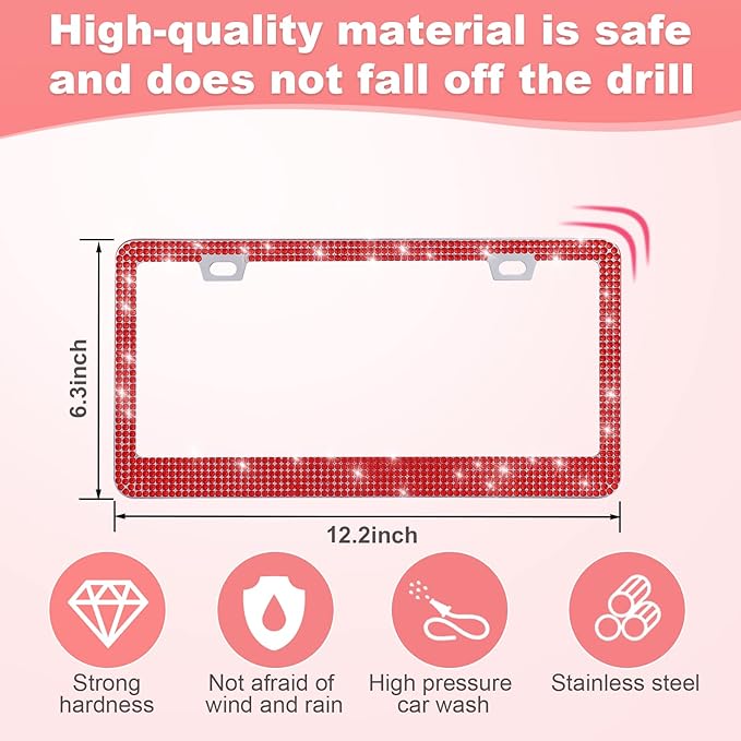 QUANQIUFEI 2 Pack Bling License Plate Frames for Women, Sparkly Rhinestone Diamond Car Accessories with Glitter Crystal Caps (Red)