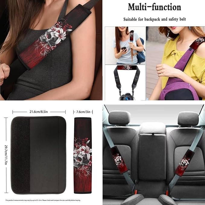 AFPANQZ Skull Red Rose Car Seat Covers 11 Pcs Interior Accessories Protector Hand Brake and Gear Shift Knob Cover, Seat Belt Pads, Steering Wheel Cover Universal Fit Car Truck SUV
