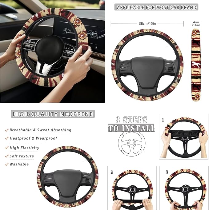 Aztec Horse Car Seat Covers Set of 15 with Universal Steering Wheel Cover, Rearview Mirror Cover, Car Trash Can, Seatbelt Pads, Cup Holder Coasters, Keychains