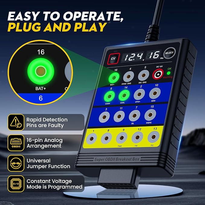 ELMCONFIG Super OBD2 Breakout Box, 16 Pin Automotive Diagnostic Tool, Voltage Constant Tool with Short Circuit Protection, Automotive Circuit Tester with 12 Extension Cables for ECU Bench Testing