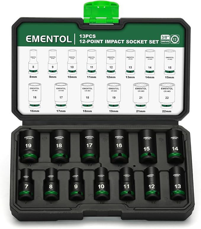 EMENTOL 3/8" Drive Impact Socket Set, Semi-Deep Sockets, 13 Pieces, Metric (7-19mm), 12 Point, CR-MO, Stamped and ink filled