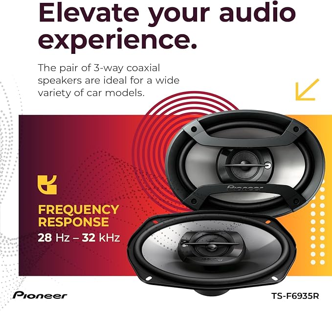 PIONEER TS-F6935R 3-Way Coaxial Car Audio Speakers - 6' x 9' Passive Car Speakers (Pair), 230 W Max Power, Black and Silver
