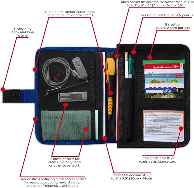 Glove Box Compartment Organizer - Car Document Holder - Owner Manual Case Pouch - Vehicle Storage Wallet for Registration & Insurance Card - BLACK + BLUE + GRAY BUNDLE