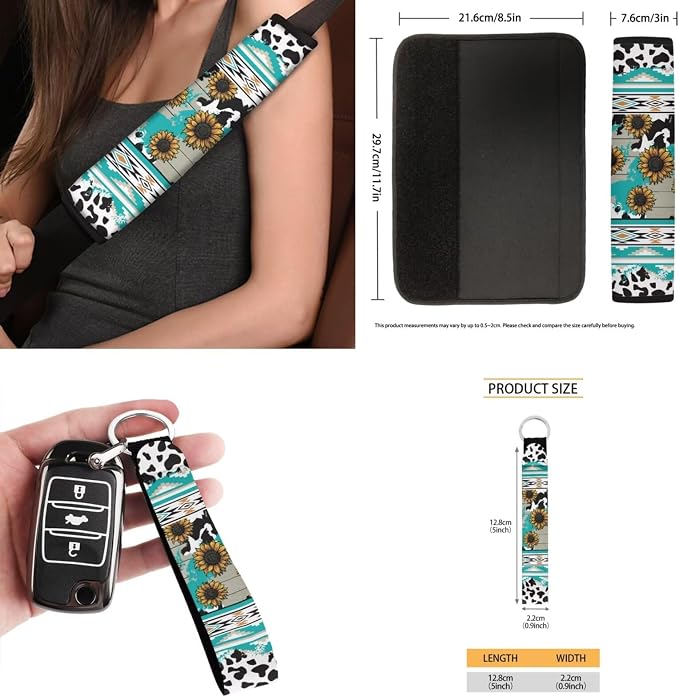 Blue Cow Pattern Sunflower Car Seat Covers Set with Seat Belt Cover, Trash Can & More - 15 Pack