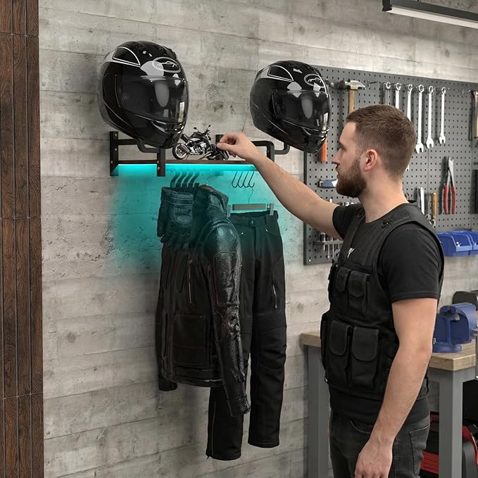 Vieshful Motorcycle Helmet Wall Mount Rack, Heavy Duty Helmet Holder with RGB Light Strip – Gear Display Shelf for Jackets, Gloves & Motorcycle Accessories Organizer, Garage & Entryway