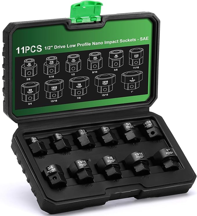 TecoTek 11-Piece 1/2-Inch Drive SAE Low Profile Impact Socket Set, Stubby Socket Set, 3/8" - 1", 6 Point, Cr-Mo, Shorter Socket for Tight Areas