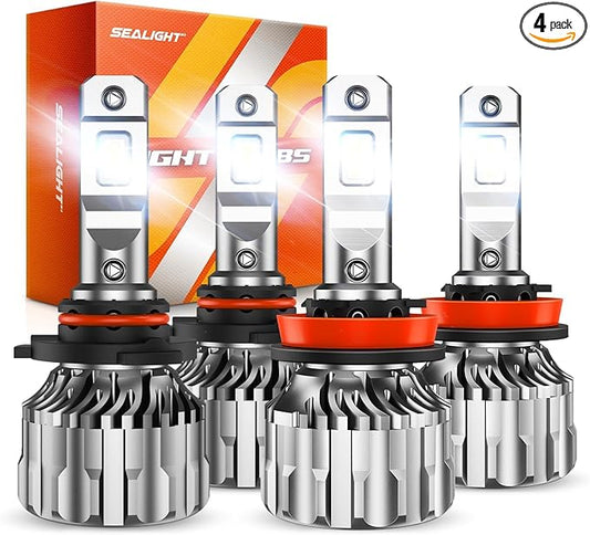 SEALIGHT 9005 H11 Bulbs Combo, 9005/HB3 H11/H9/H8 LED Bulbs 800% 92000LM Super Bright 6500K Cool White Fog Lights Bulbs and Off-Road Lights, 5 Mins Plug-N-Play, Pack of 4