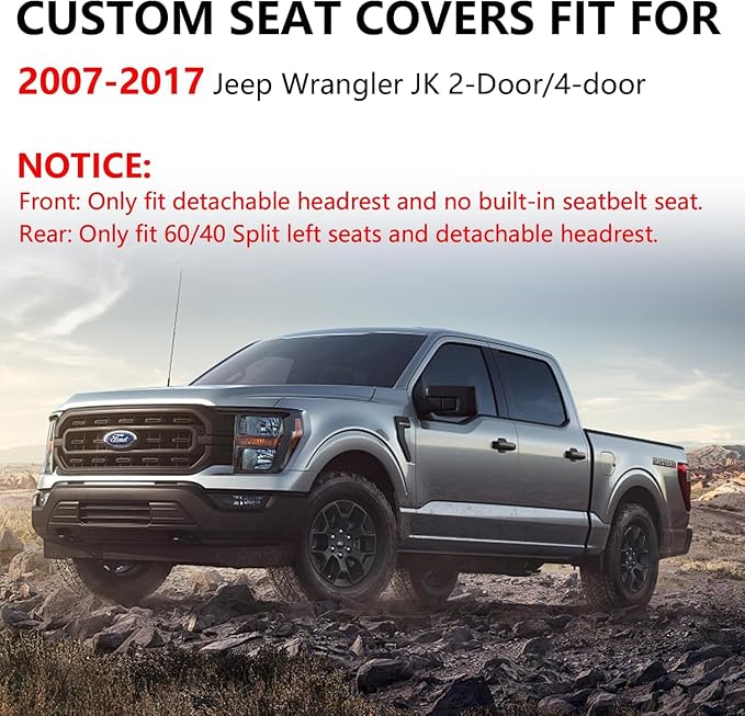 Truckiipa Wrangler JK Seat Covers Full Set Leather Waterproof Car Seat Cover Protector Custom Fit for 2007-2017 Jeep Wrangler JK 4-Door Sahara Rubicon Freedom Unlimited, Full Set, Black