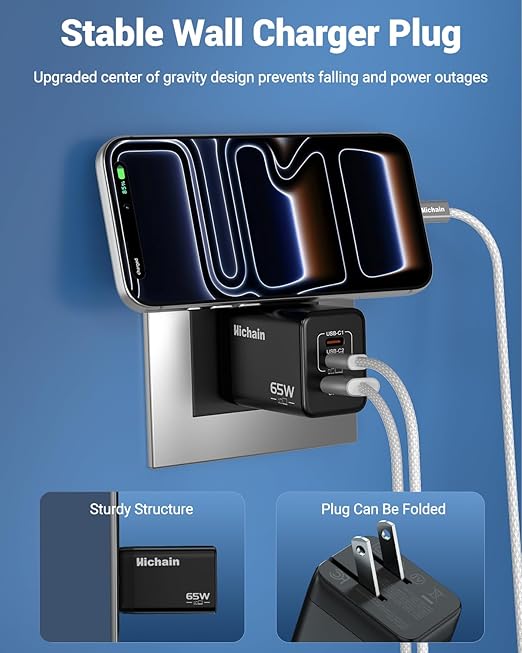 Hichain USB C Cable USB Charger, Wall Charger with 60W USB Cable, Durable Phone Charger Cord Data Transfer Cord for Phone 17/16, Tablet, Laptop, 4 FT Black