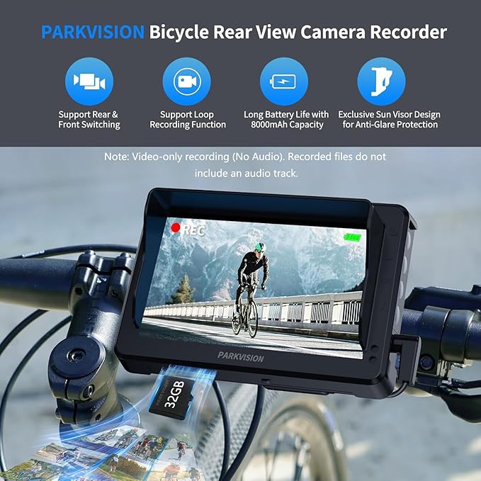 PARKVISION Bicycle Rear View Camera Recorder, 4.3'' 1080P Monitor, 8000mAh Battery,Loop Recording, 32GB TF Card, Bike Front/Backup Cam for Mountain Ebike Road Bike