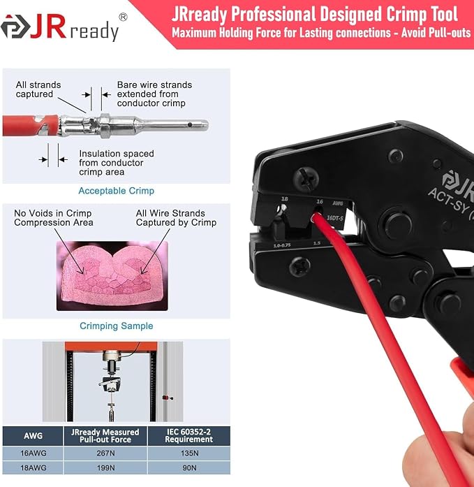 JRready ACT-SY-16DT-S 3rd-Gen Deutsch DT Crimp Tool for 16# Stamped & Formed Contacts, One-Cycle Ratcheting Crimper with Positioner, 16-18 AWG, for Amphenol AT