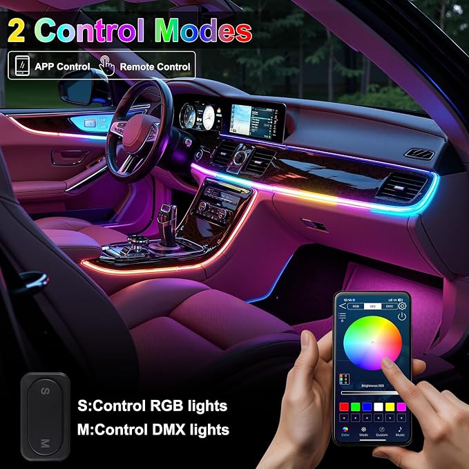 Dreamcolor Acrylic Interior Car LED Strip Lights, 18 in 1 Ambient Lighting Kit with Wireless APP, Dynamic Chasing Music Sync Fiber Optic Lights with DIY Mode, Car Inside Lighting Accessories