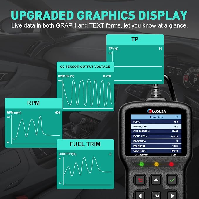 CGSULIT Car Code Reader SC301 OBD2 Scanner with Smog Check & Check Engine Light Reset, Read/Clear Error Code, Live Data, DTC Lookup, On-Board Monitor Test, Diagnostic Scan Tool for Cars After 1996