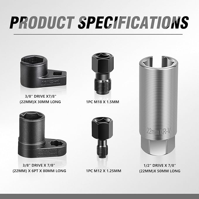 DNA MOTORING 5pcs Oxygen Sensor Socket & Thread Chaser Set Universal Fit Sensor Wrench Removal Tool 1/2" & 3/8" Drive Sockets M12 & M18 Thread Repair Tools, TOOLS-00774
