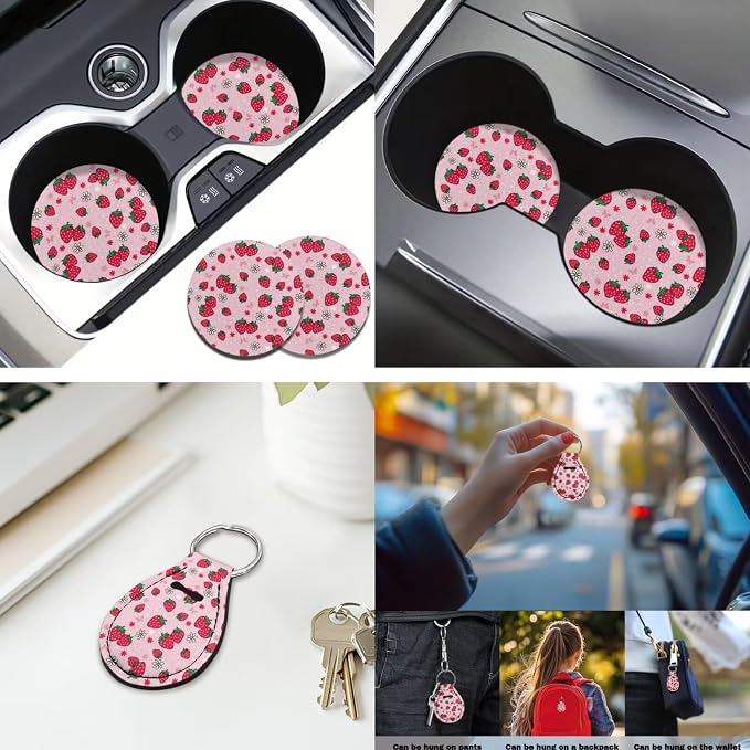 Cute Strawberry Car Seat Covers Full Set 12 Pack with Steering Wheel Cover Center Console Cover Keychain Holder and Car Seat Belt Cover Universal Fit Most Vehicles Cars SUV