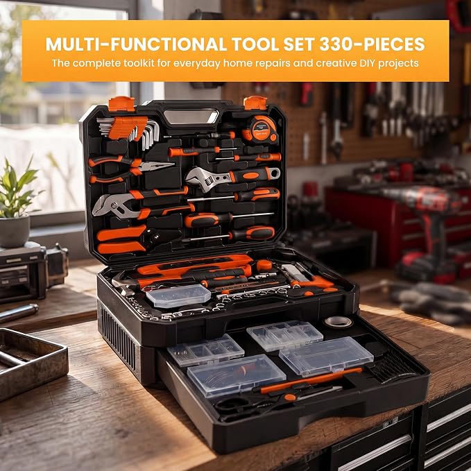 330-Piece Portable Home Repair Tool Kit with Pull-Out Drawer | Compact Homeowners Tool Kit, Durable Tool Box for Homeowner, DIY Projects, Handyman, Black-Yellow