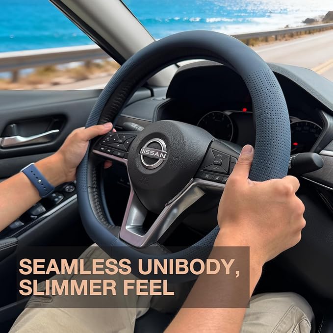 PINCTROT D Shaped Nappa Leather Steering Wheel Cover, Slim Fit No Bulk Design, One Piece Leather with Breathable Perforation, Fit Like Gloves, Flat Bottom 14.5-15 Inch(Nappa Smoky Blue)