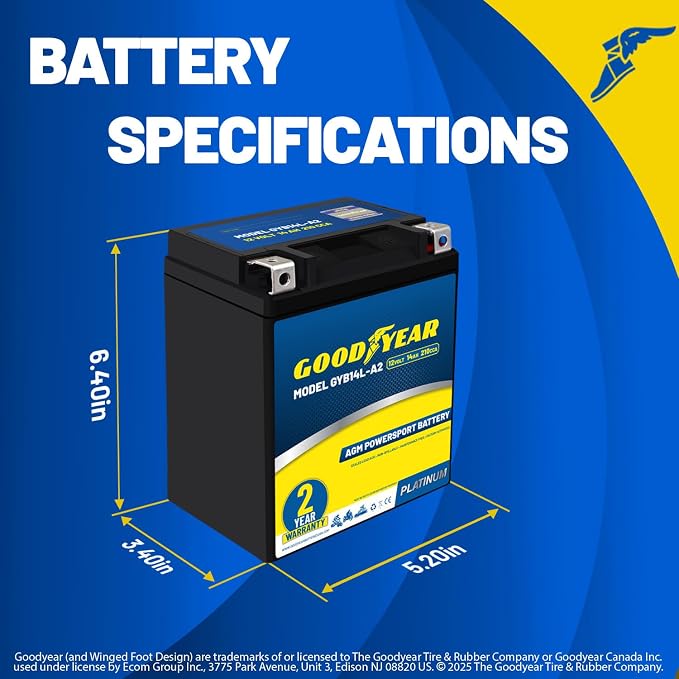 Goodyear GYB14L-A2-12 Volt 14 AH, 210 CCA, Rechargeable High-Performance, Maintenance Free, SLA - AGM Battery for Motorcycle, ATV, UTV, Scooter, Snowmobile, Motorbike and more!
