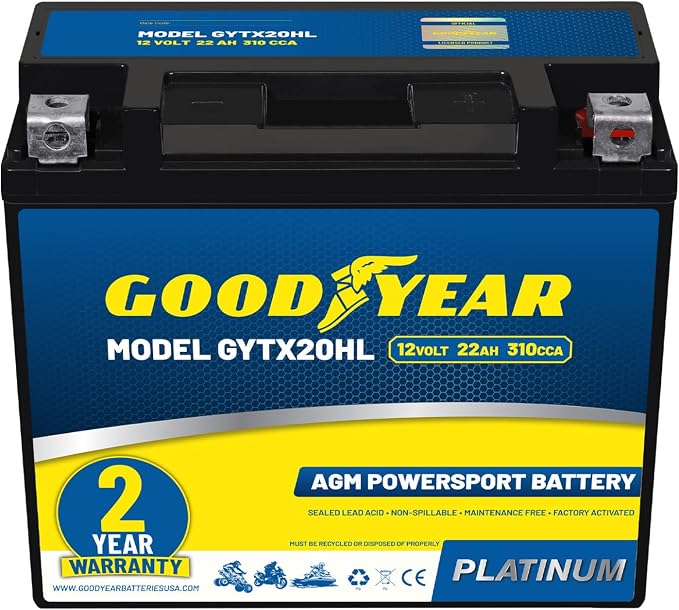 Goodyear GYTX20HL - 12 Volt 22 AH, 310 CCA, Rechargeable High-Performance, Maintenance Free, SLA - AGM Battery for Motorcycle, ATV, UTV, Scooter, Snowmobile, Motorbike and more!