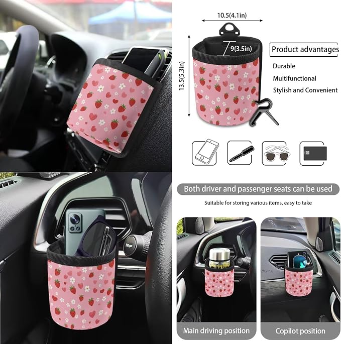 Strawberry Flower Print Car Seat Covers Front and Back Full Set with Steering Wheel Cover Safety Belt Pads Inside Rearview Mirror Protector Garbage Bag Cup Coasters and Keychain