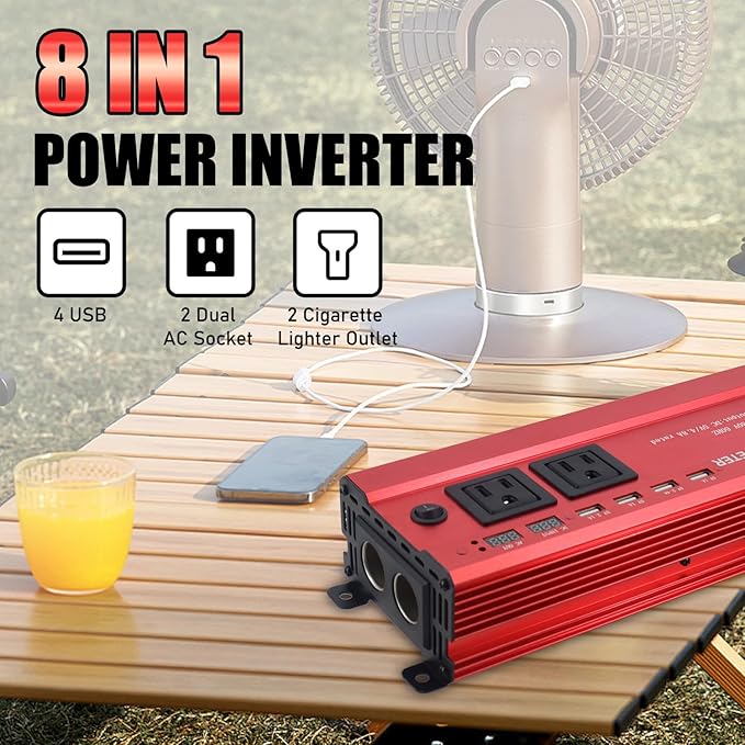 HITRENDS 900W Car Power Inverter 12V to 110V, DC to AC Converter with 4 USB Ports (24W Quick Charge) & 2 AC Outlets, for Camping, RV, Laptop, CE, FCC and ROHS Certified