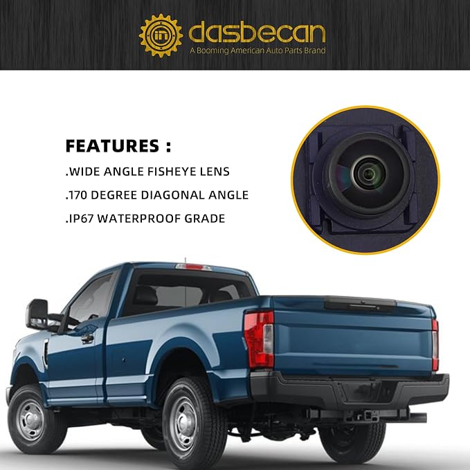 Dasbecan Rear View Backup Camera Compatible with Ford F250 F350 Super Duty 2017 2018 2019 Parking Assist Camera Replaces HC3Z-19G490-X HC3Z-19G490-E HC3Z-19G490-M HC3Z-19G490-T (Round Hole Plug)