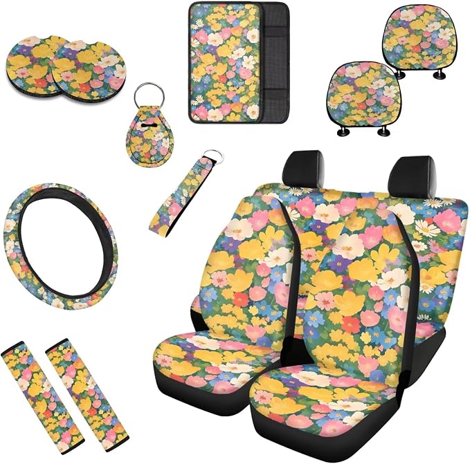 13 Pack Rainbow Wild Flower Car Seat Covers, Colorful Wildflowers Steering Wheel Cover Seat Belt Pads, Abstract Floral Geometric Auto Front and Rear Bench Seat Cover