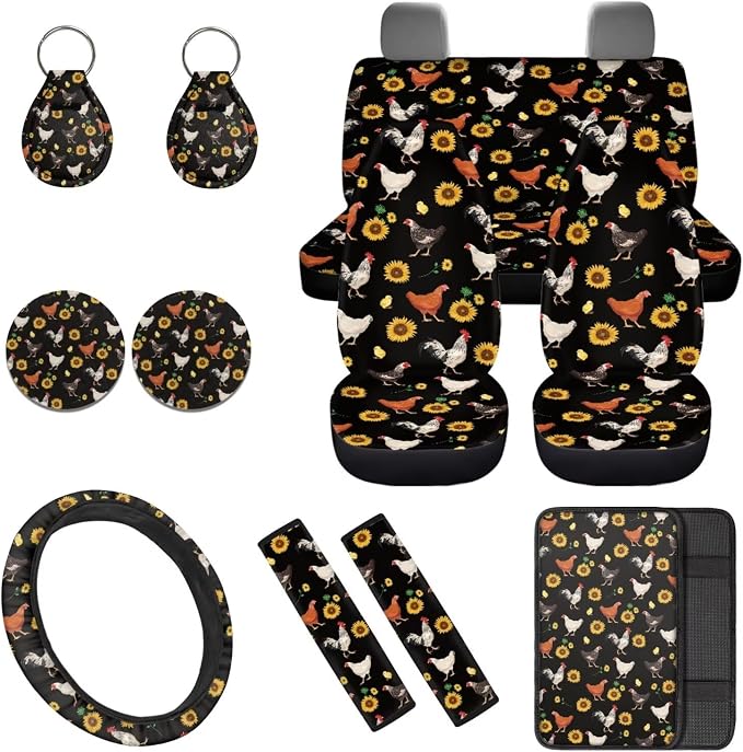 Cute Chicken Car Seat Covers Set 12 Pack with Steering Wheel Cover Auto Seat Belt Cover Cup Coasters Center Console Cover Car Accessories Universal Fit for Most Cars,SUVs