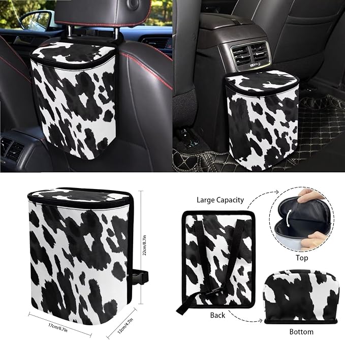 Wanyint Black Cow Print Car Seat Cover Split Covers for Women Men, Car Steering Wheel Cover Seat Belt Strap Pad Trash Bag Mount Phone Holder Rearview Mirror Accessories Cup Holder Key Chain, 15 PCS