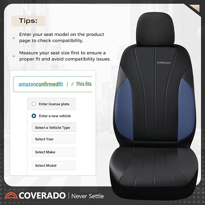 Coverado Car Seat Covers， 2 Front Seats Waterproof Nappa Leather Automotive Seat Protectors, Front Luxury Mesh Seat Covers, All-Weather Universal Fit for Most Cars SUVs, Trucks,Blue&Black