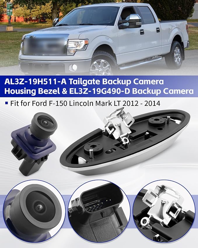 Tailgate Backup Camera with Housing Bezel Kit Fit for Ford F-150, Fit for Lincoln Mark LT 2012-2014, Backup Rear View Camera Housing Replaces AL3Z-19H511-A EL3Z-19G490-D, Wide Angle