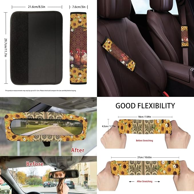 Suobstales Rooster Chicken Sunflower Print 13 Pieces Car Accessories, Includes Seat Covers, Steering Wheel Cover, Coasters, Trash Can, Seat Belt Pads, Rearview Mirror Cover, Keychains for SUV Truck