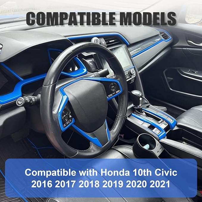 Interior Trim Kit for Honda 10th Civic 2016-2021 Blue Instrument Central Control Gear Shift Panel Cover Trim