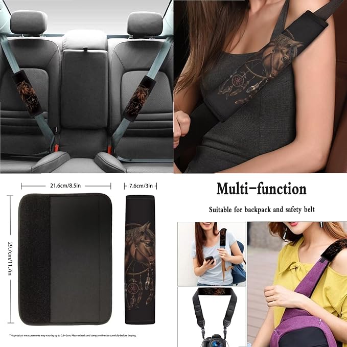 Horse Dreamcatcher Pattern Auto Accessories Set of 13, Car Front and Back Seat Covers Full Set + Steering Wheel Cover + Safe Belt Pad for Car + Coasters with Notch