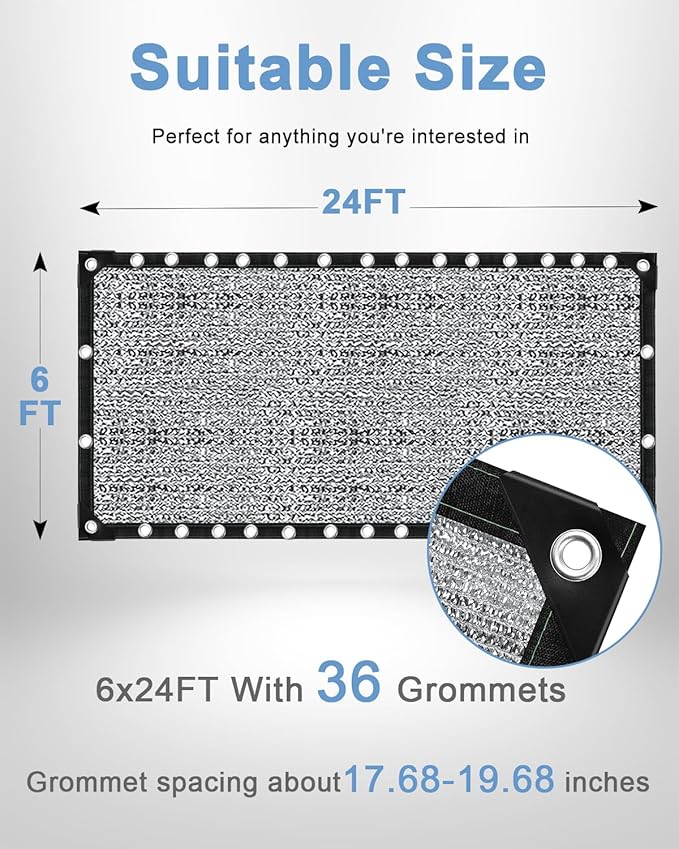 vensovo 85% Aluminum Shade Cloth - Reflective Aluminium Shade Netting Sun Shade Cover with Grommets for Cars, Dogs, Outdoor, RV, Patio (6x24FT)