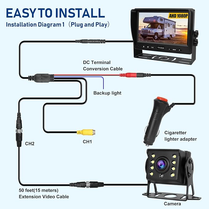 Backup Camera AHD 7'' 1080P Reverse Rear View Back up Cameras System Kit Monitor with HD Night Vision Waterproof IP69K DIY Guide Line Vehicle Backup Camera for Trucks/RV/Trailer/Van/Bus/Skid Steer.