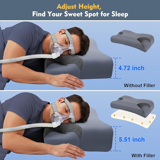 Adjustable CPAP Pillow for Side & Back Sleepers – Reduce Mask Air Leaks & Pressure, Cervical Memory Foam Neck Support with 2cm Removable Insert, Cooling Washable Cover – Fits Full Face & Nasal Masks