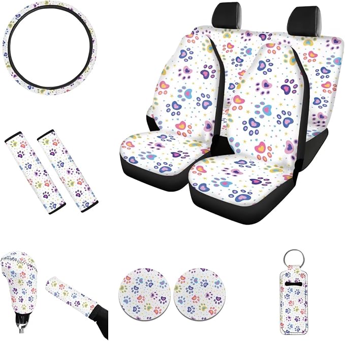 Paw Print Car Front Rear Seat Cover Back Seat Covers for Women Men Wear Resistant Car Steering Wheel Cover Seat Belt Cover Coasters Keychain Shift Cover Automatic for Women Men