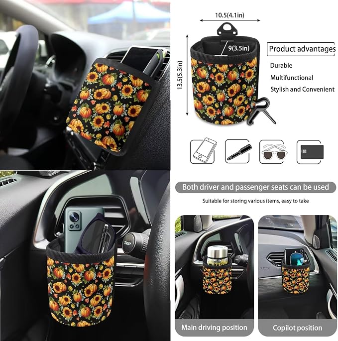 Sunflower Pumpkin Pattern Front and Back Seat Protector, Steering Wheel Cover Seat Belt Pads Trash Can Air Vent Storage Bag Keychain Thanksgiving Decor