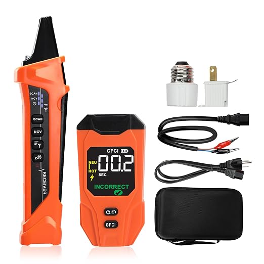 Rechargeable Circuit Breaker Finder & Electrical Circuit Tracer with GFCI Outlet Tester, NCV Voltage Detector, LCD Display, Flashlight, Audible/Visible Alerts, Carrying Case & 3 Adapters, 90-135V AC