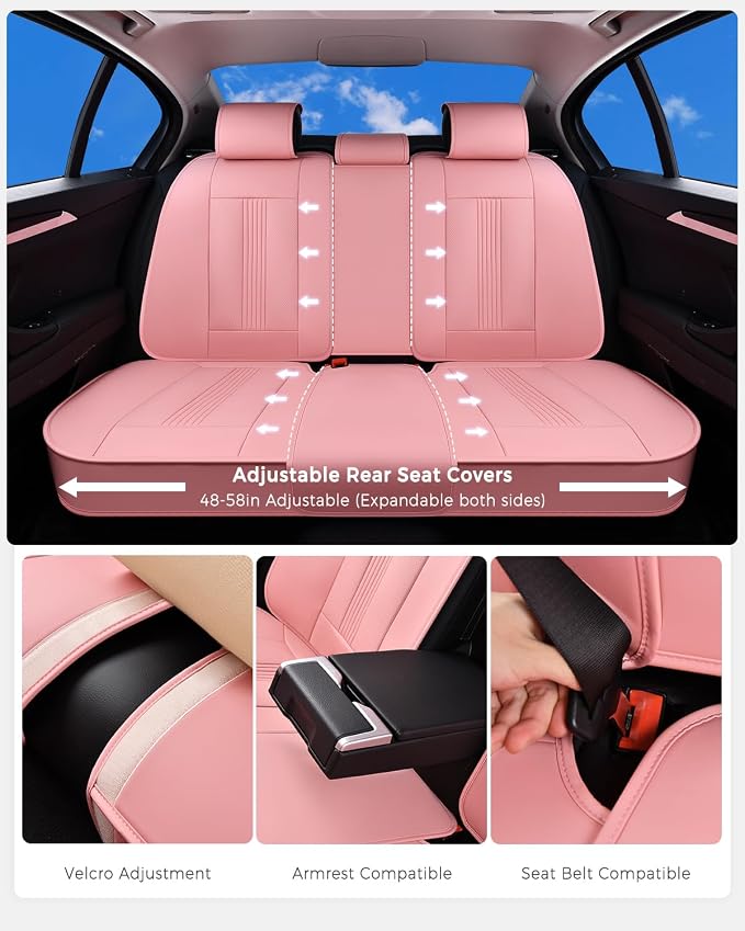 Huidasource Universal Car Seat Cover, Car Seat Cover Set Nappa Leather with Lumbar Support, Side Elastic Fabric, Velcro Adjustable, Airbag, Ventilation, Universal Fit for Most Cars SUV Trucks, Pink