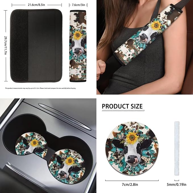 Cow Car Seat Covers Sets11pcs,Sunflower Western Cow Auto Seat Protector Pad+Seatbelt+Steering Wheel Cover+Car Coasters+ Interior Accessory+Cowhide Keychain for Women Men