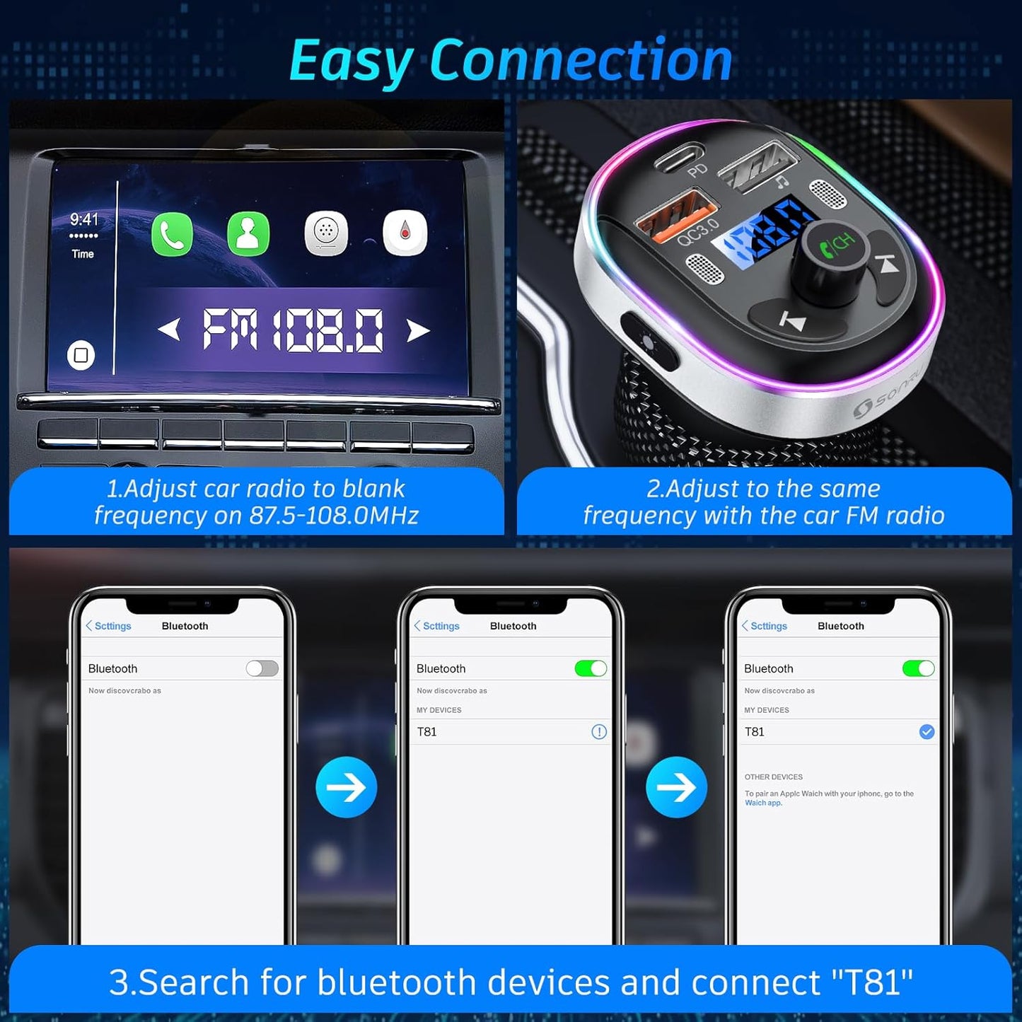 SONRU Bluetooth 5.3 FM Transmitter for Car, Bluetooth Car Adapter, PD 30W & QC3.0 18W Fast Car Charger, Wireless FM Radio Music Adapter, Stronger Dual Mics/7 Colored LED Backlit/Hands-Free Calling